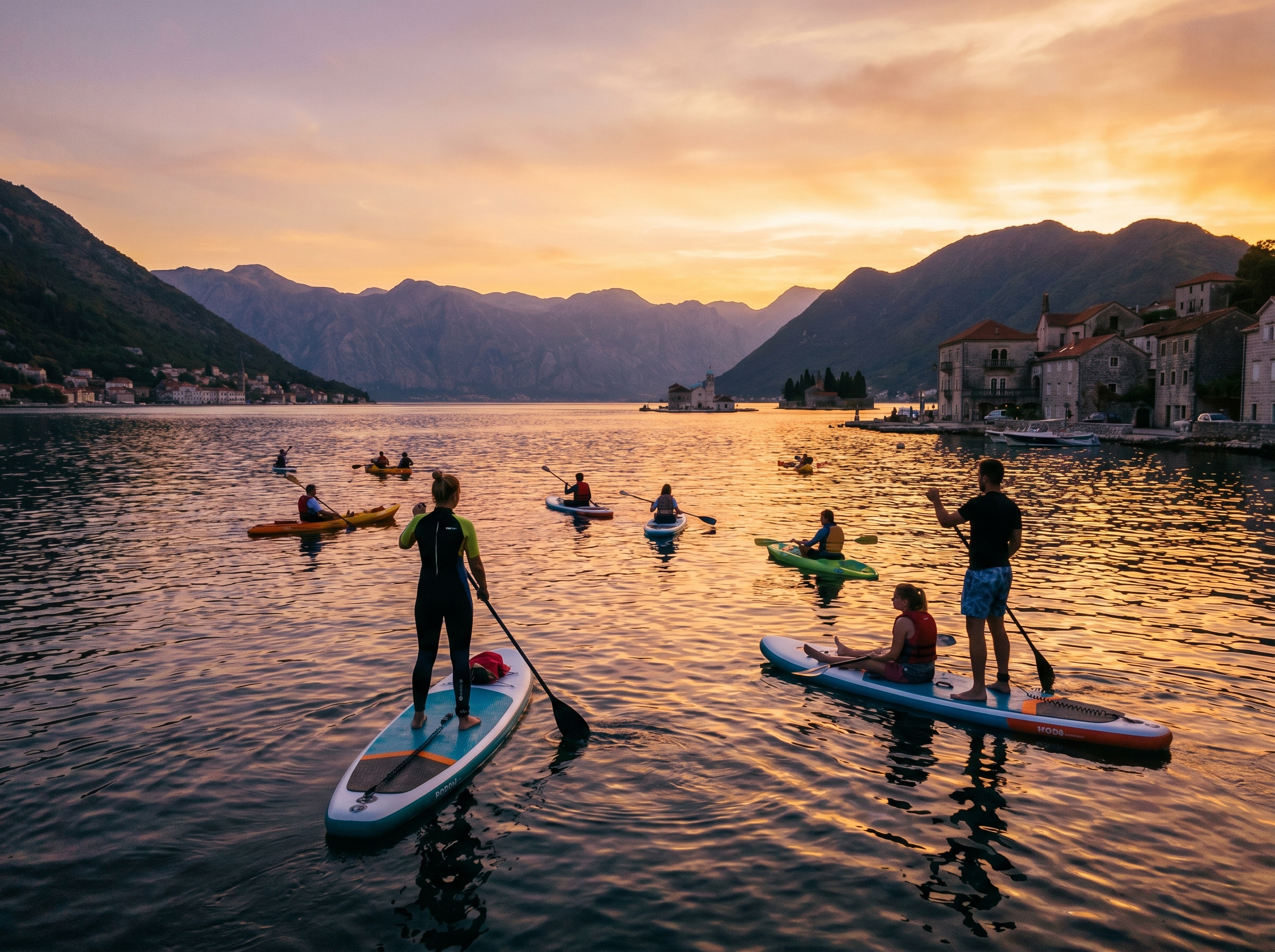 Group on SUPs and kayaks at golden-hour sunset with Perast and Our Lady of the Rocks behind