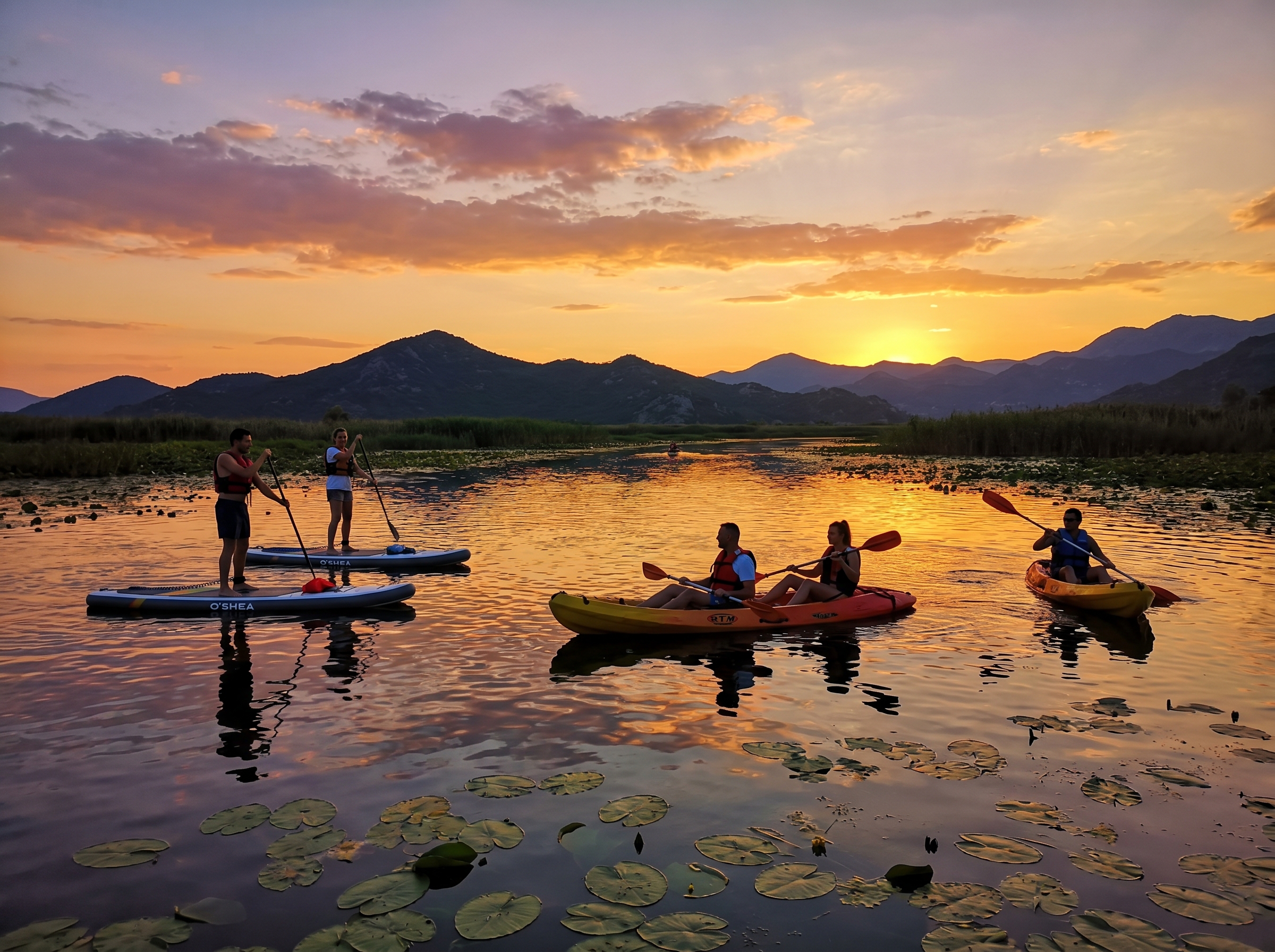 SUP and kayak at sunset on Lake Skadar